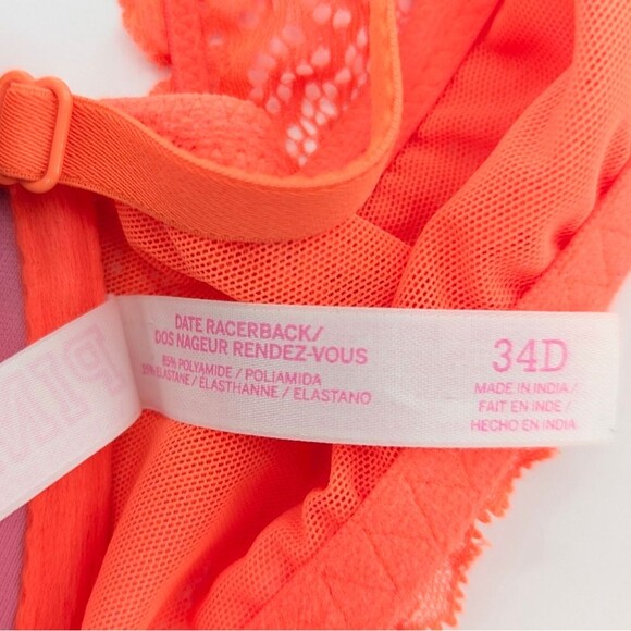 Victorias Secret Pink Neon Orange Lace Date Racerback Front Clasp Bra Size 34D - Picture 5 of 6